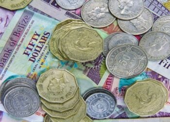 A picture of belize currency, dollars and coins.