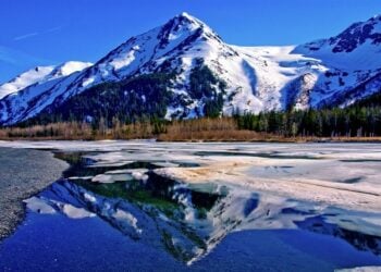 A pitcure of a scenic location in Alaska, United States. It shows a snow cropped mountain, a partialy frozen stream, and rows of large pine trees