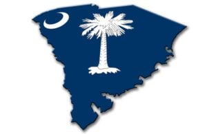 An image of the flag of South Carolina overlaid on a map of South Carolina. The flag features a crescent moon and palm tree on a blue background