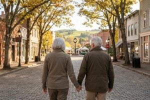 Retired couple walking through a welcoming small-town main street while researching places to retire