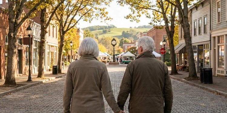 Retired couple walking through a welcoming small-town main street while researching places to retire