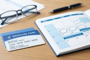 Medicare card and calendar showing enrollment periods on a desk