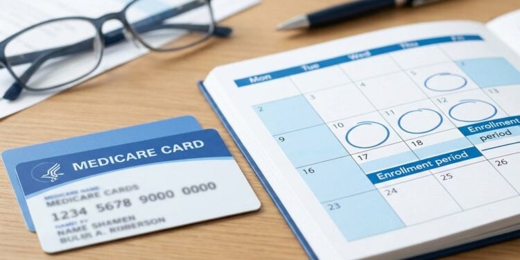 Medicare card and calendar showing enrollment periods on a desk