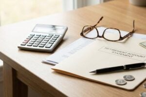 Calculator, retirement paperwork, and cash on a desk for required minimum distributions guide