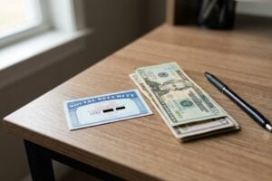 Social Security card with cash on a desk — full retirement age guide