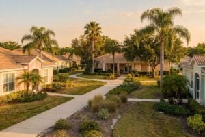 Florida 55+ retirement community with palm trees and landscaped walking paths