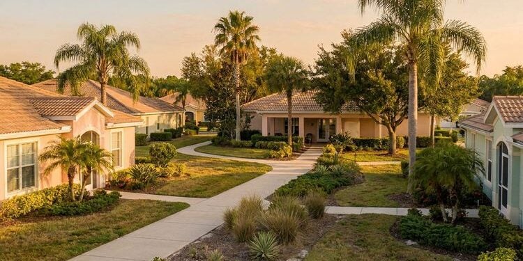Florida 55+ retirement community with palm trees and landscaped walking paths