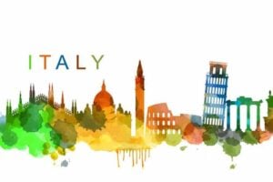 Watercolor skyline of Italy with famous landmarks
