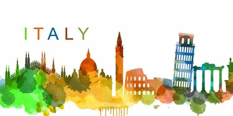 Watercolor skyline of Italy with famous landmarks