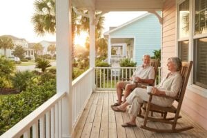 Retired couple relaxing on the porch of a coastal home at sunset