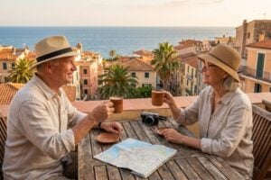 Retired American couple comparing affordable countries at a coastal cafe overlooking the ocean