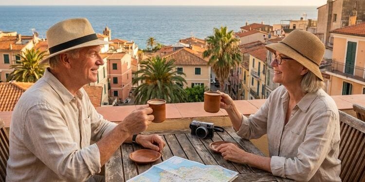 Retired American couple comparing affordable countries at a coastal cafe overlooking the ocean