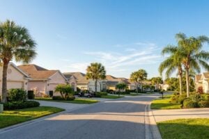 Sunny residential street in a Florida active adult retirement community with a golf cart in a driveway