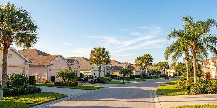 Sunny residential street in a Florida active adult retirement community with a golf cart in a driveway