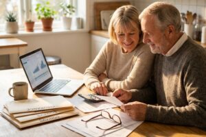 Senior couple at a kitchen table comparing long-term care insurance paperwork and self-funding savings with a calculator and laptop