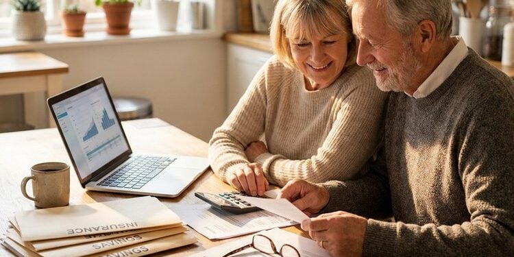 Senior couple at a kitchen table comparing long-term care insurance paperwork and self-funding savings with a calculator and laptop